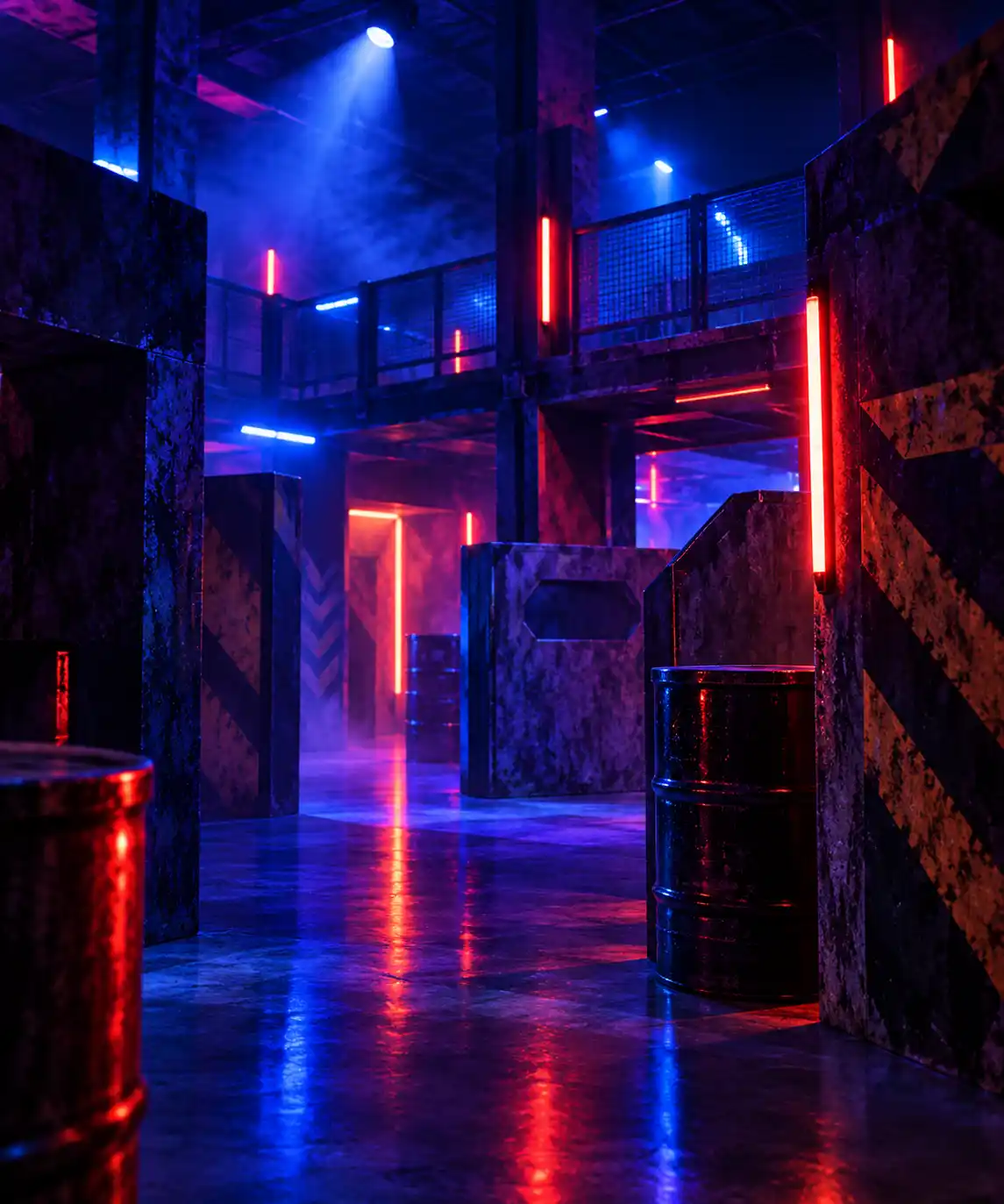 Arène de laser game sur plusieurs niveaux avec éclairages néon
