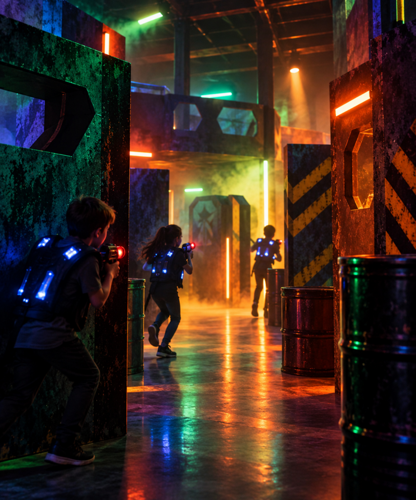 Enfants jouant dans un labyrinthe de laser game