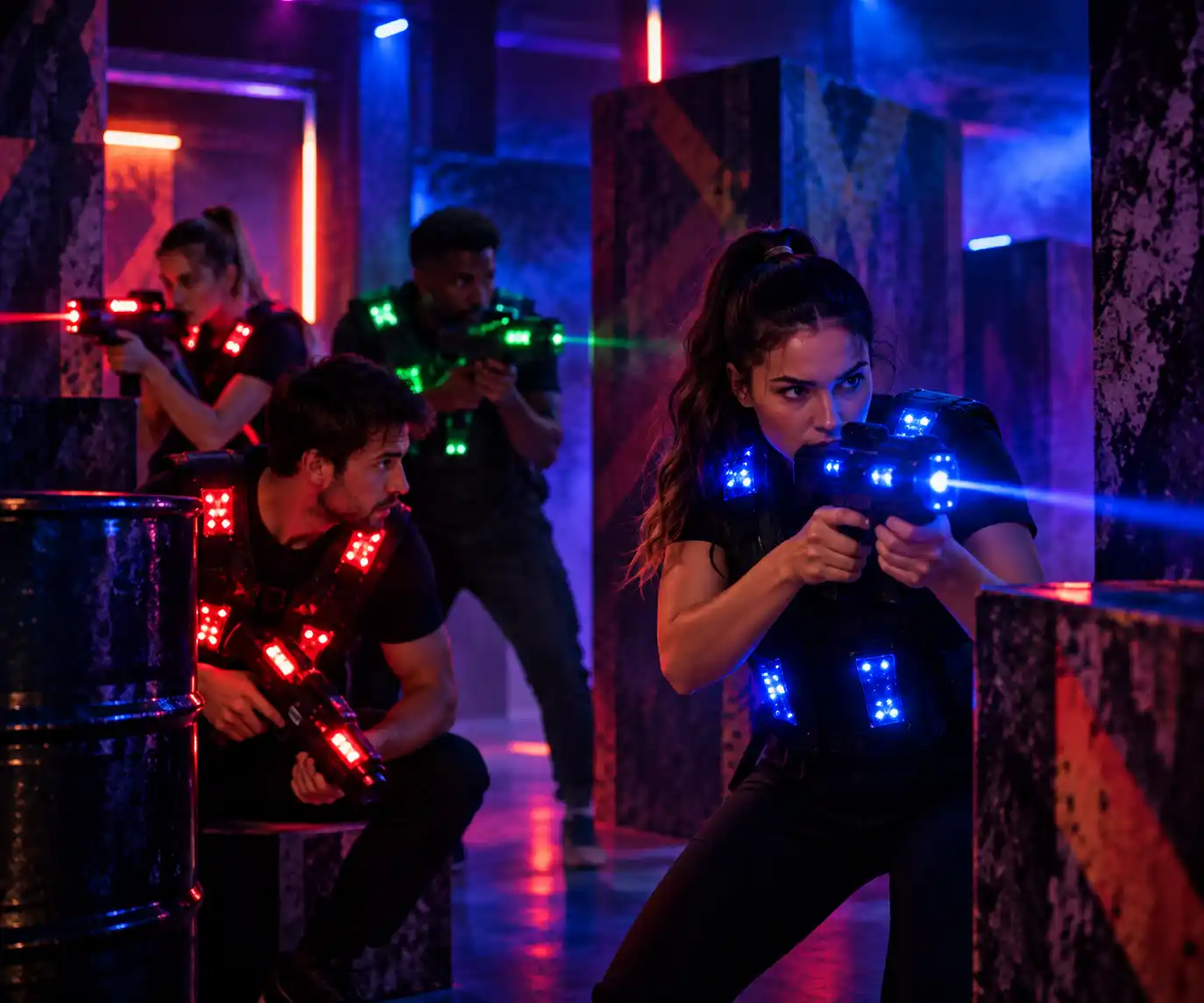 Joueurs en pleine action dans une arène de laser game